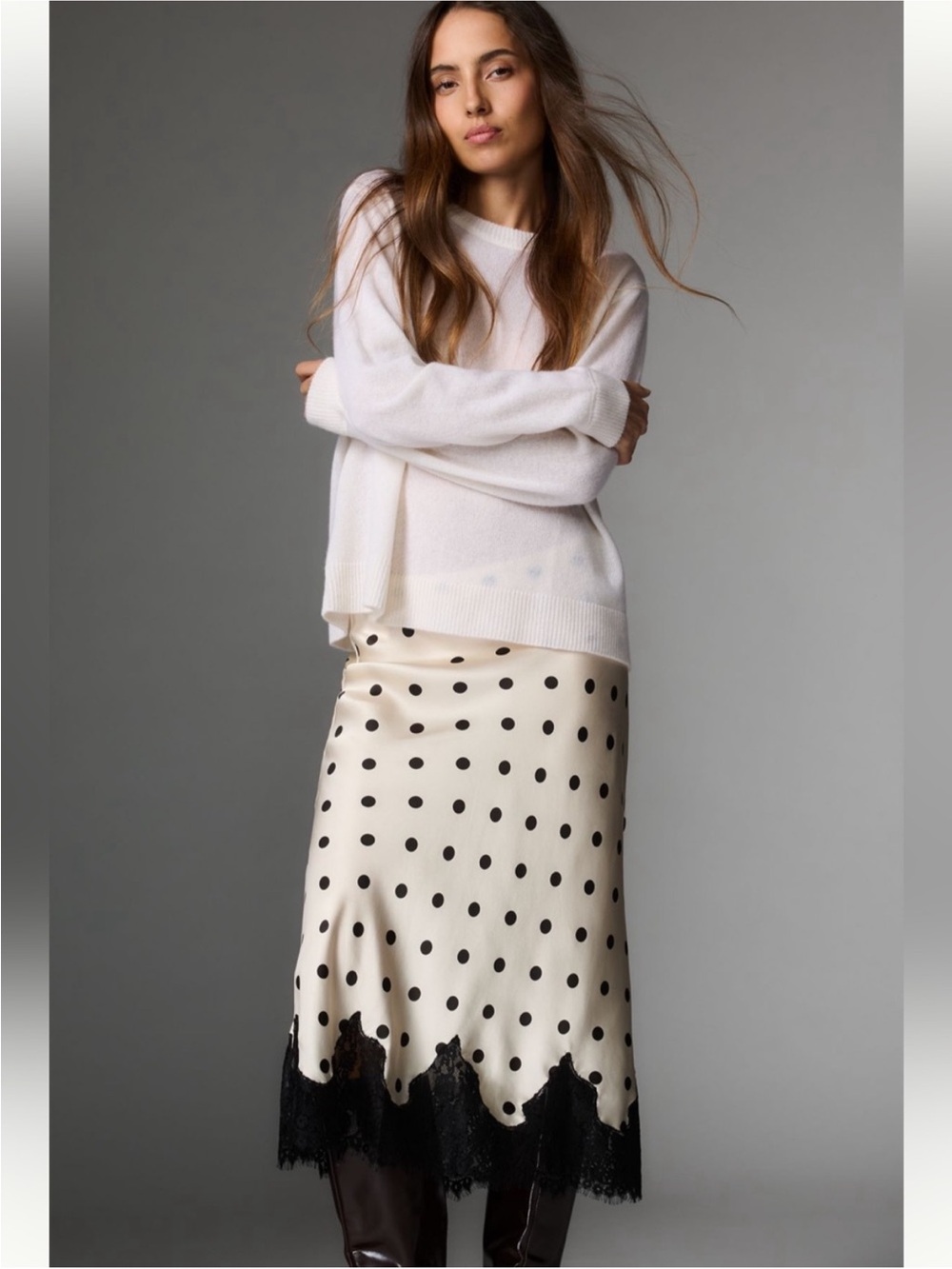 Reformation Carolina Cream Silk Polka Dot Midi Skirt with Black Lace Trim size M